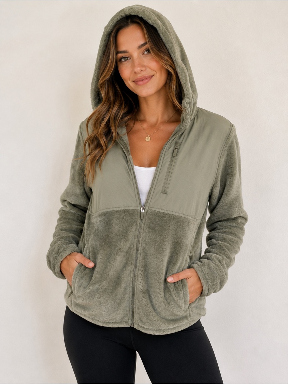 Leg3nd Cozy Zip-Front Hooded Fleece Jacket sage Green full zip size S comfy